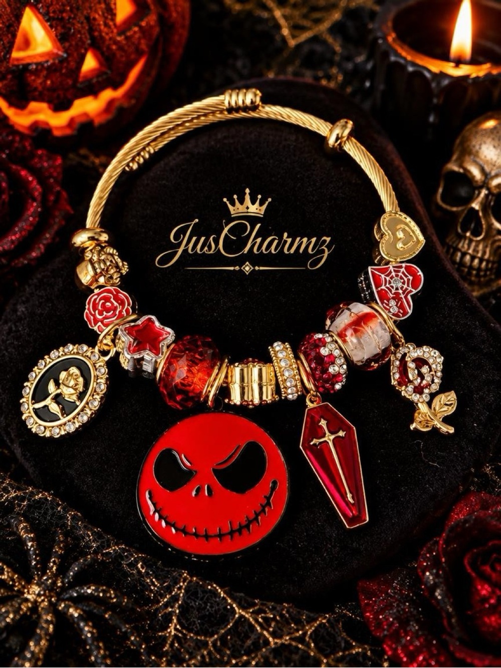 🥀 Dark Romance! Red Jack Skellington Rose & Coffin Charm Bracelet